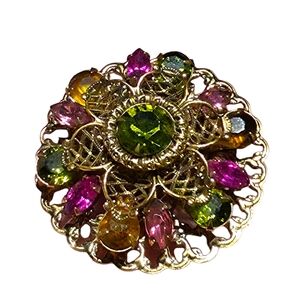 Vintage Layered Filigree Brooch Pin Green Pink Amber Rhinestones Gold Tone Flora
